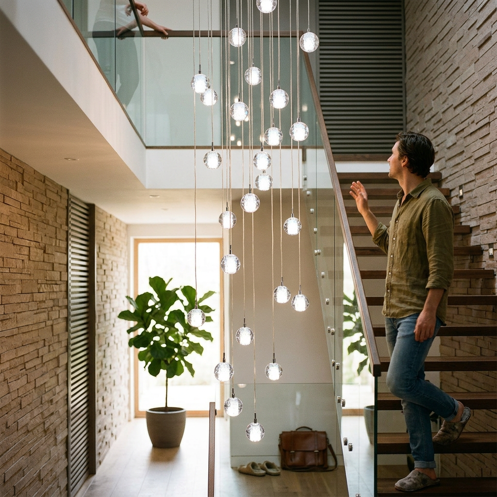 Modern Luxury Staircase Crystal Orb Ball Shade LED Loft Chandelier
