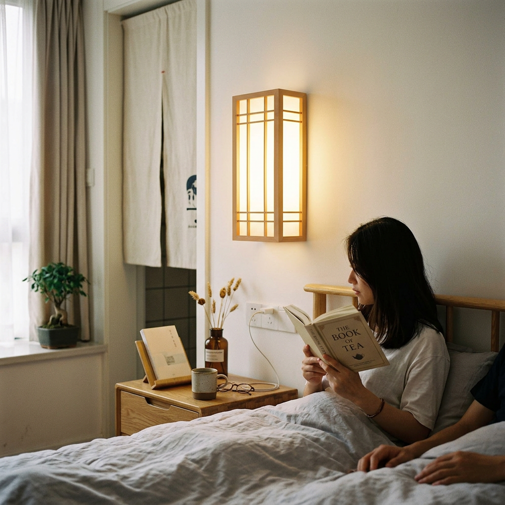 Traditional Japanese Rectangle Solid Wood Acrylic LED Wall Sconce Lamp For Bedroom