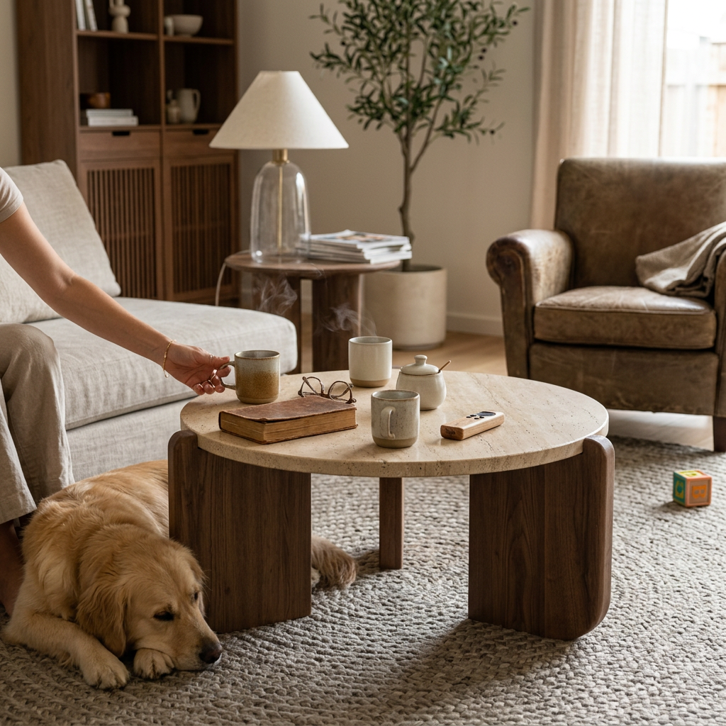 Modern Minimalist Round Sintered Stone Solid Wood Coffee Table For Living Room