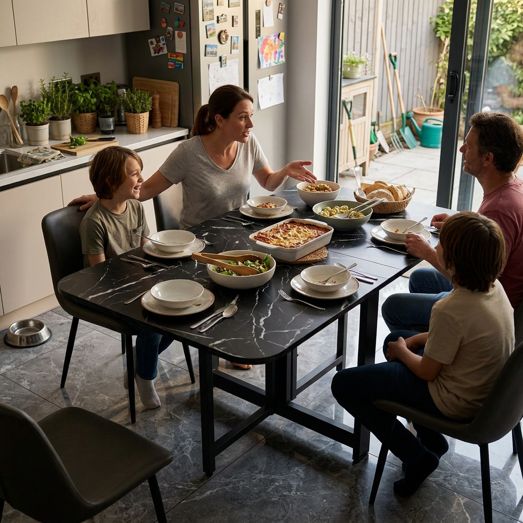 Modern Minimalist Rounded Rectangular Iron MDF Foldable Space-Saving Drop Leaf Dining Table For 4-6 Seats