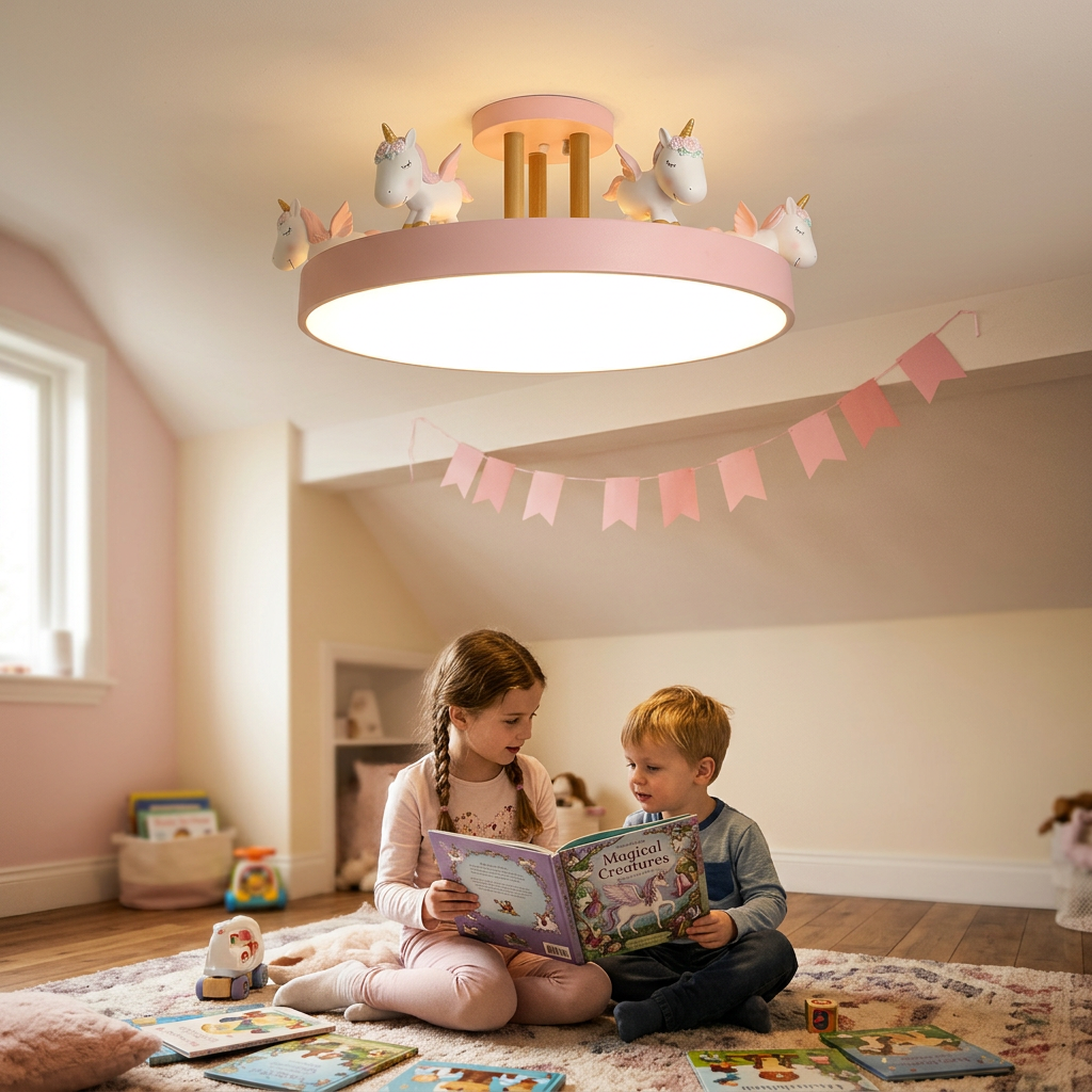Contemporary Creative Resin Iron Acrylic Wood Unicorn Round LED Semi-Flush Mount Ceiling Light For Bedroom