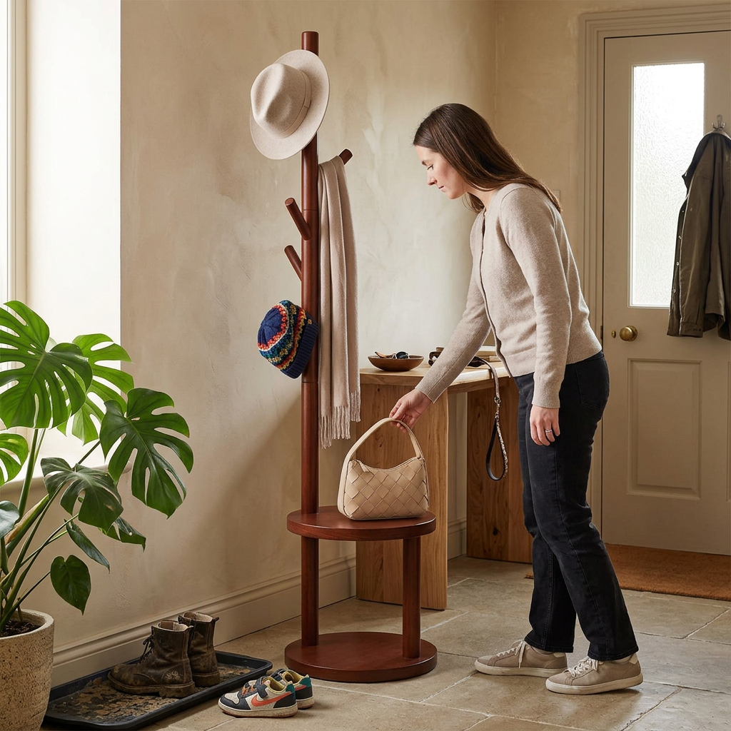 Modern Minimalist Tree-Shaped Cylindrical Round Pine Wood Medium Density Fiberboard Hall Tree For Bedroom and Entryways