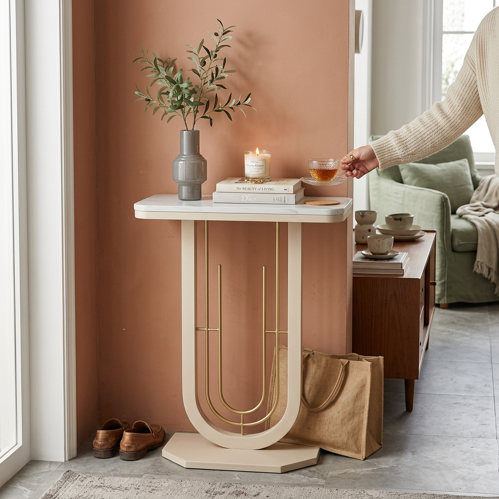 Modern Minimalist Rectangular Sintered Stone Iron Console Table 1-Tier For Entryways