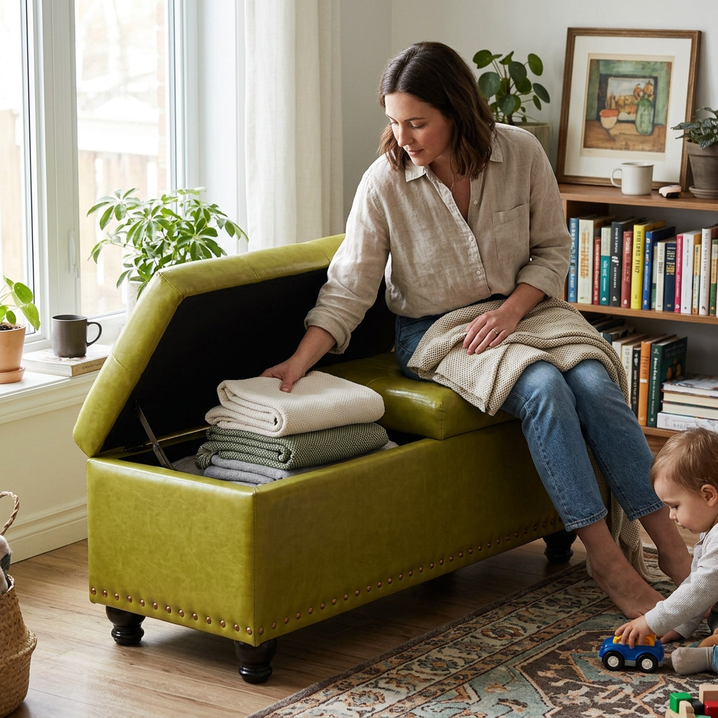 Contemporary Nordic Blockboard Faux Oil Wax Leather Upholstered Rectangular Storage Bench For Living Room