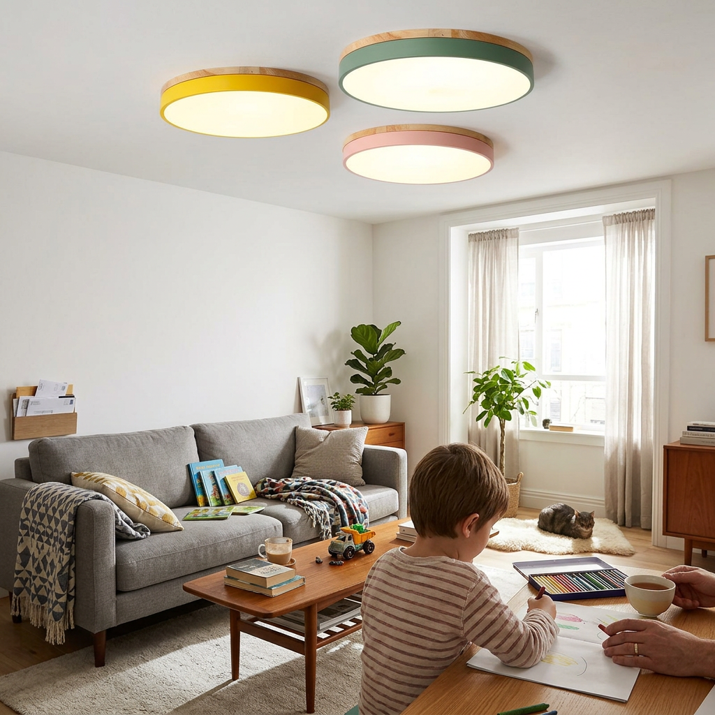 Modern Minimalist Macaron Round Iron Acrylic LED Flush Mount Ceiling Light For Bedroom