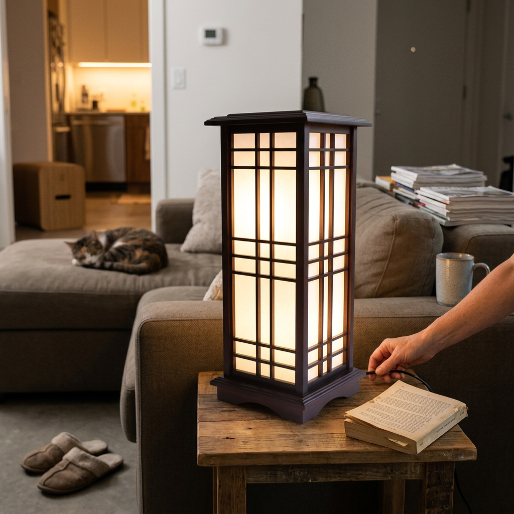 Traditional Chinese Rectangular Parchment Wood 1-Light Standing Floor Lamp