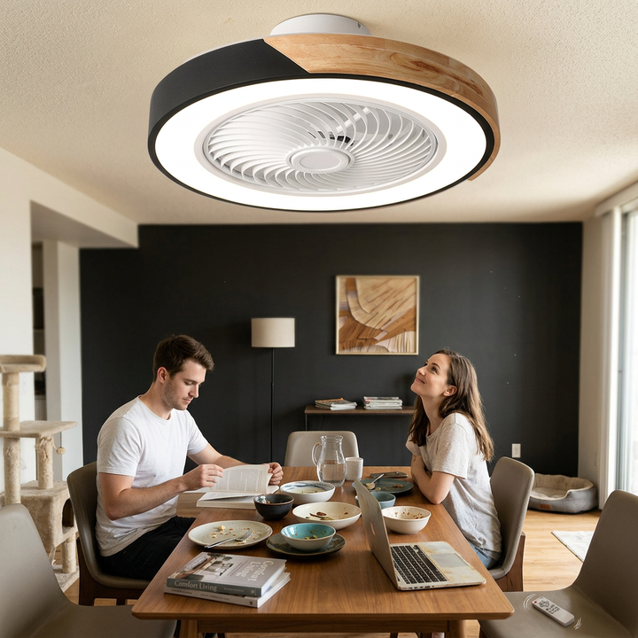 Contemporary Scandinavian Round Iron Solid Wood LED Silent Semi-Flush Mount Ceiling Fan Light For Bedroom