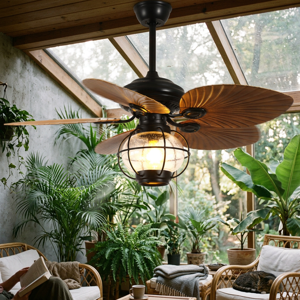 Traditional Rustic Lantern Banana Shaped Fan Leaf Iron Glass 1-Light Downrods Ceiling Fan Light For Living Room