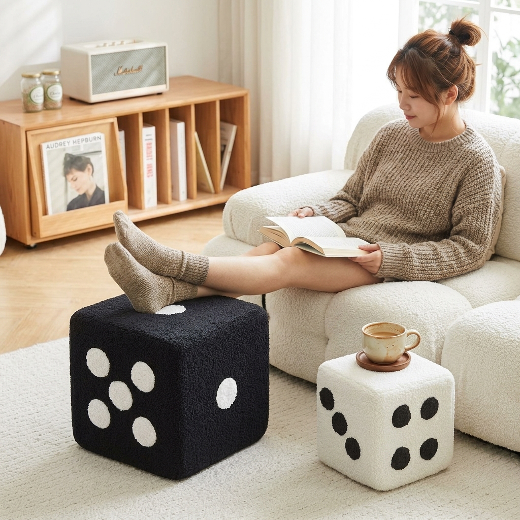 Contemporary Creative Cube Dice Sherpa Fabric Wood Chair Backless Armless For Living Room
