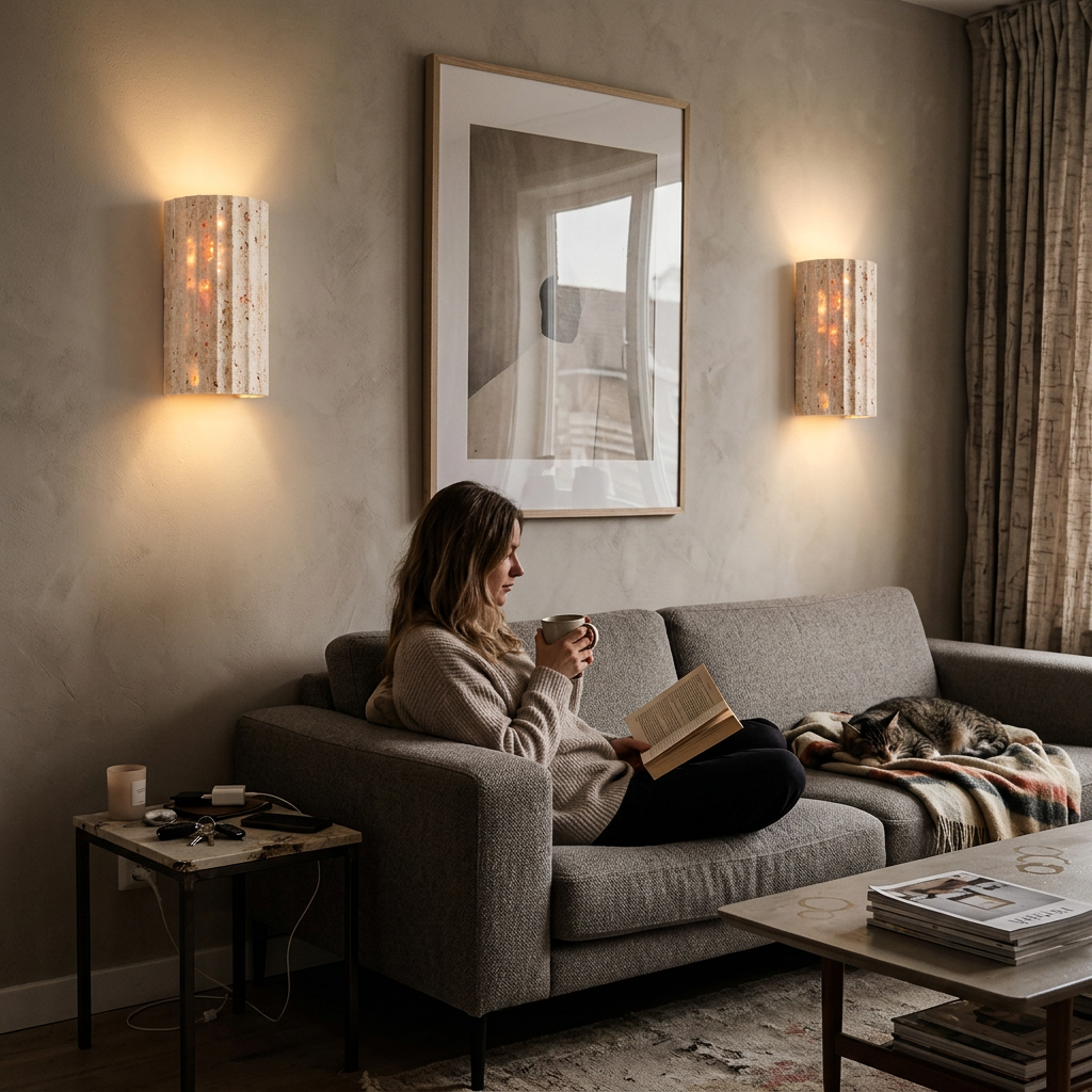 Traditional Japanese Striped Beige Travertine Semicircle LED Waterproof Wall Sconce Lamp For Living Room