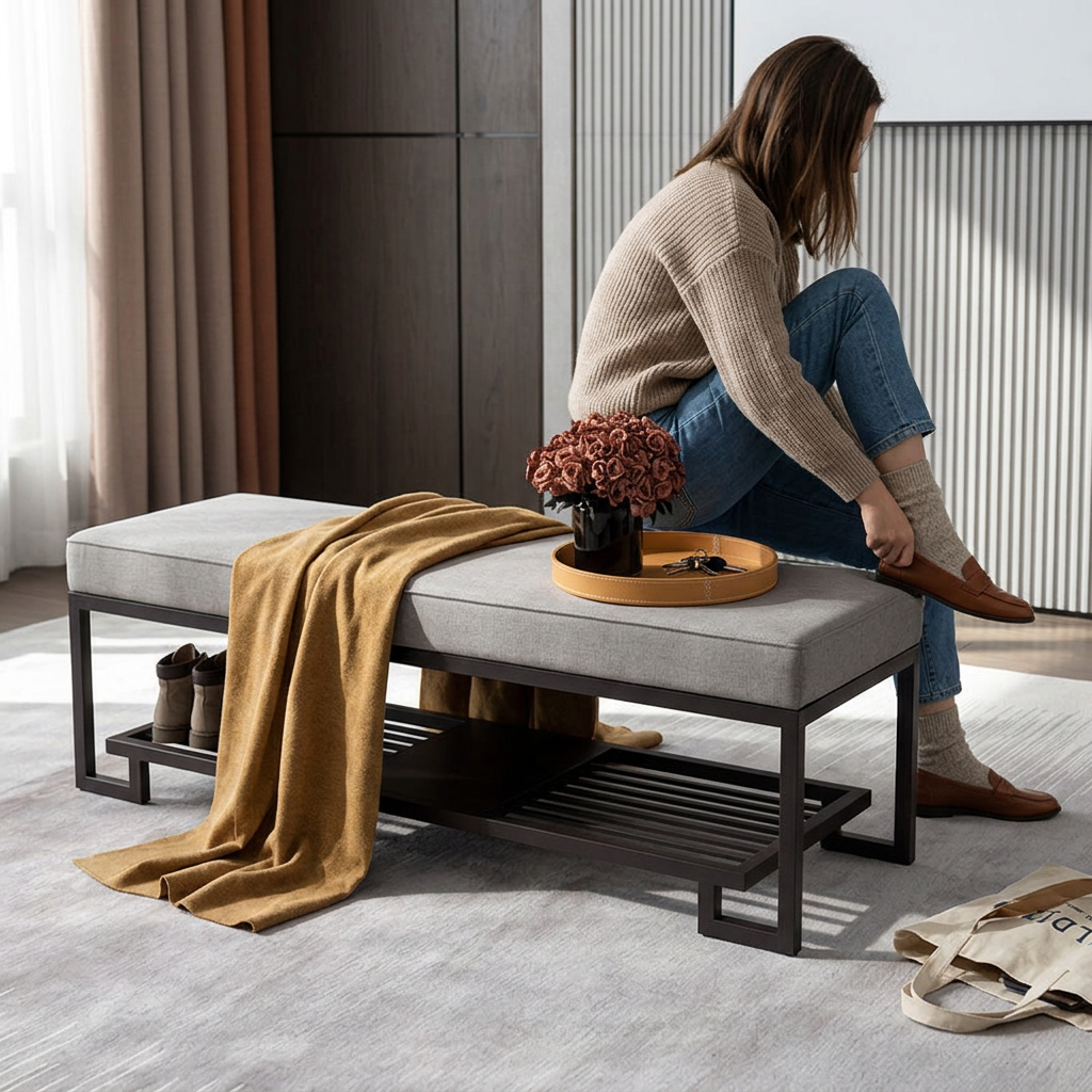 Modern Minimalist Rectangular Wrought Iron PU Leather Synthetic Fabric Shoe Bench 2-Tier For Entryway