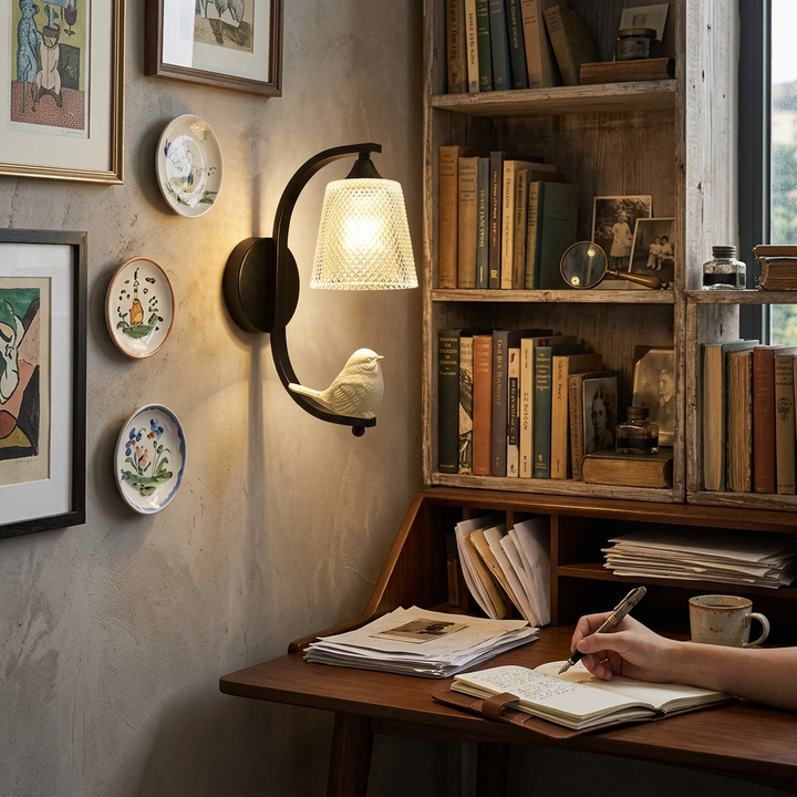 Modern Simple Glass Shade with Resin Bird 1-Light Wall Sconce Lamp