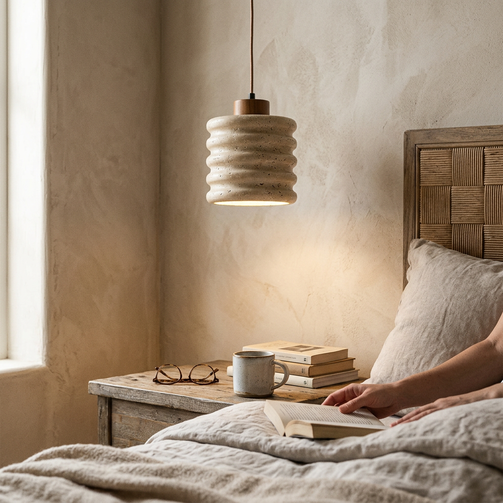Japanese Wabi-Sabi Yellow Travertine Cylinder Lampshade Wood 1-Light Pendant Light