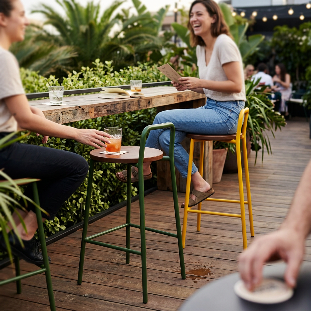 Contemporary Nordic Carbon Steel Solid Wood Rectangular Outdoor Bar Stool Backless For Outdoor