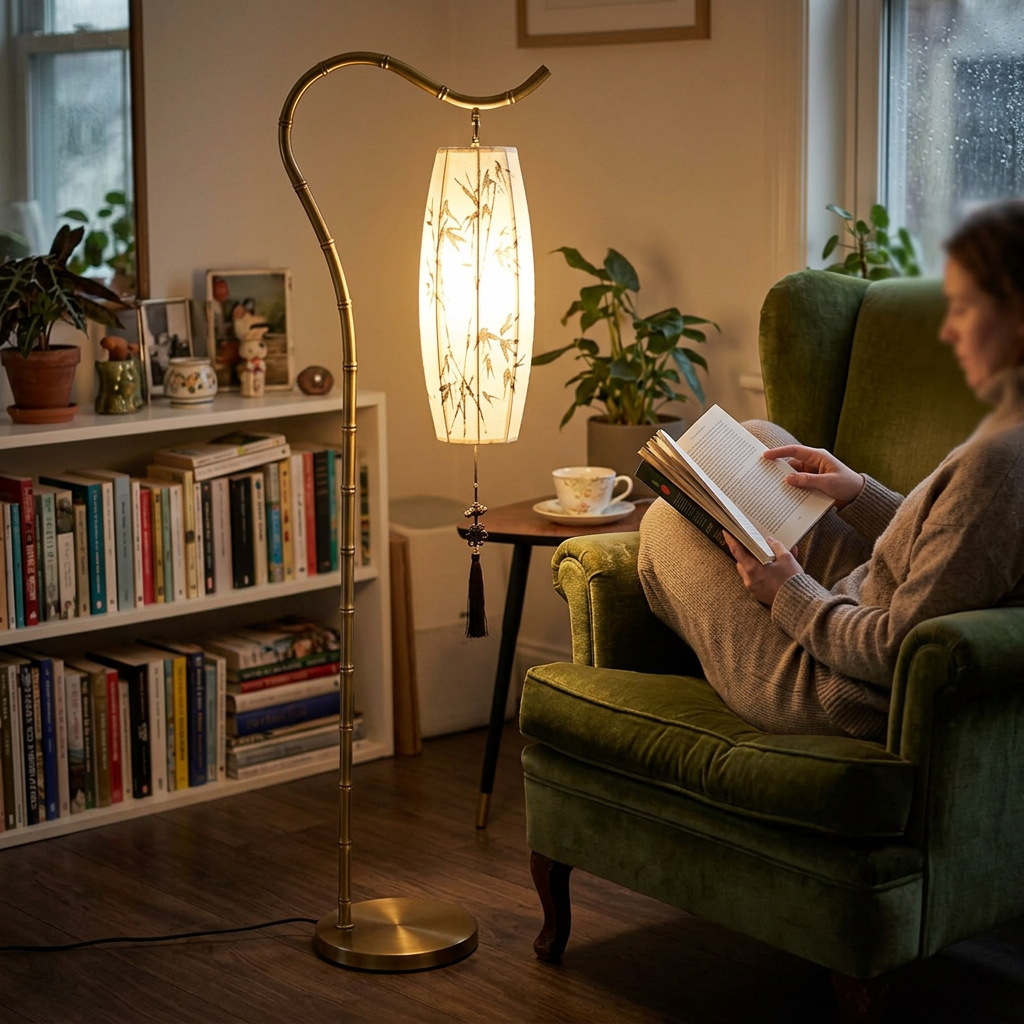 Chinese Lantern Bamboo Fabric Floor Lamp