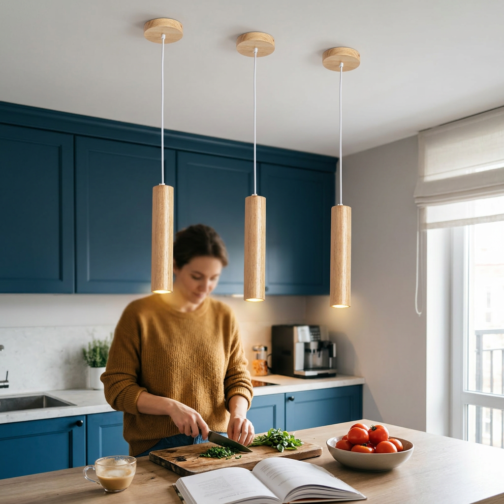 Modern Minimalist Rubberwood Cylinder Spotlight LED Pendant Light For Bedroom