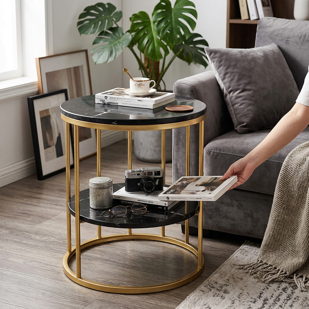 Contemporary Scandinavian MDF Carbon Steel Round Hollow Side Table