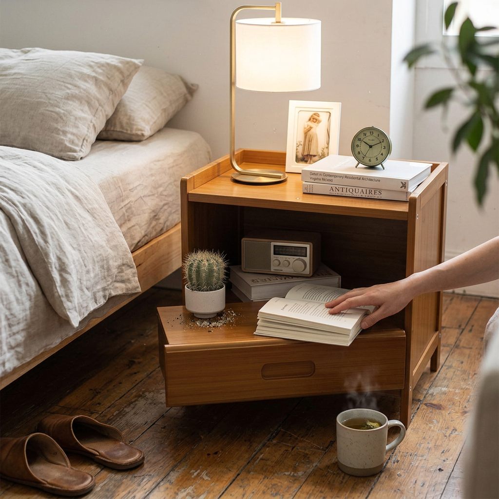 Traditional Japanese Square Bamboo MDF Nightstand