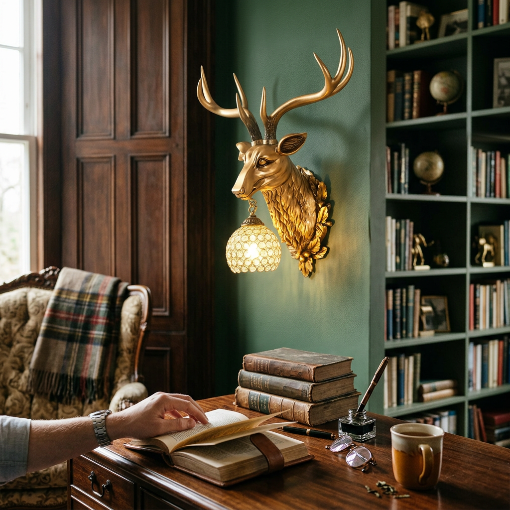 European Retro Deer Head Resin 1-Light Wall Sconce Lamp