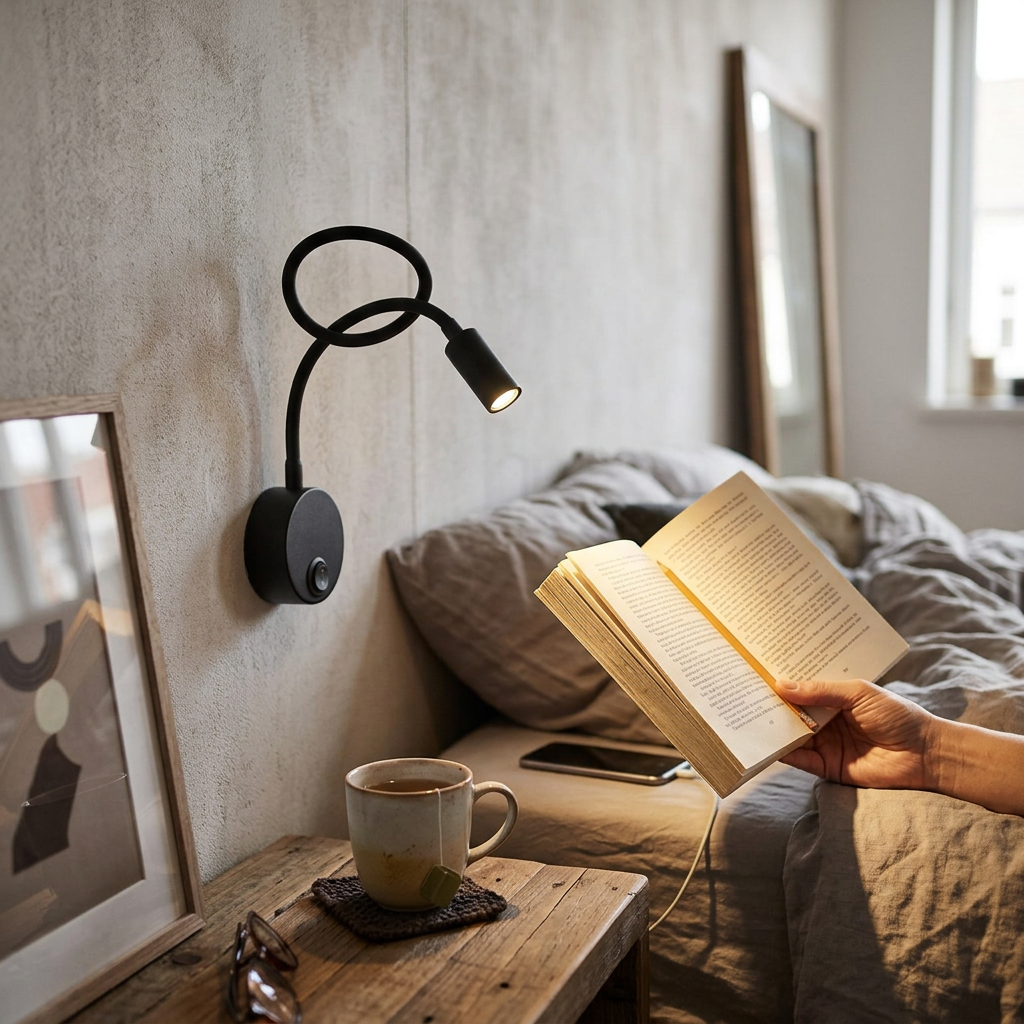 Modern Minimalist Iron Round Flexible Bending Hose LED Reading Light Wall Sconce Lamp For Bedroom