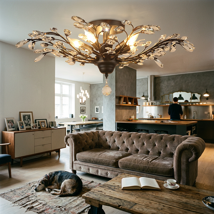Traditional European Branch Iron Crystal 4/5/6 Light Semi-Flush Mount Ceiling Light For Living Room