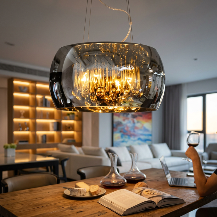 Modern Glass Shade Crystal Hanging 6-Light Chandelier