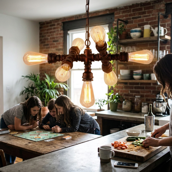 Industrial Iron Water Pipe Design 7-Light Chandelier