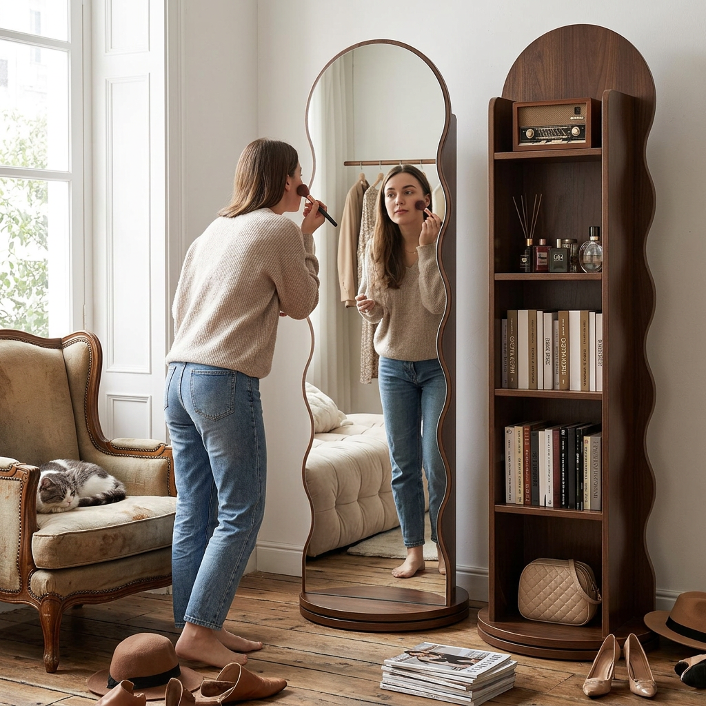 Contemporary Scandinavian Wavy Medium-Density Fiberboard Glass Full-Length Mirror Bookshelf 5-Tier For Bedroom