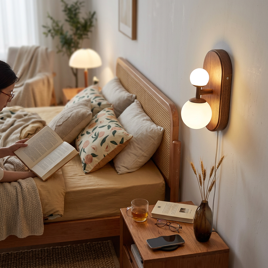 Traditional Japanese Wood Glass Round 1-Light Wall Sconce Lamp For Bedroom