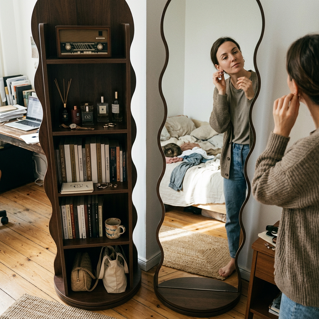Contemporary Scandinavian Wavy Medium-Density Fiberboard Glass Full-Length Mirror Bookshelf 5-Tier For Bedroom