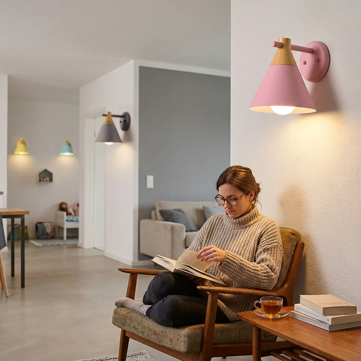 Nordic Solid Wood Macaron Cone Shade 1-Light Wall Sconce Lamp