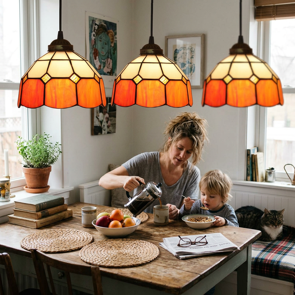 Traditional Tiffany Stained Glass Iron Dome Shade Round 1-Light Pendant Light for Living Room