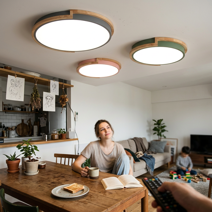 Contemporary Nordic Round Wood Iron Frame Acrylic Shade LED Flush Mount Ceiling Light For Bedroom