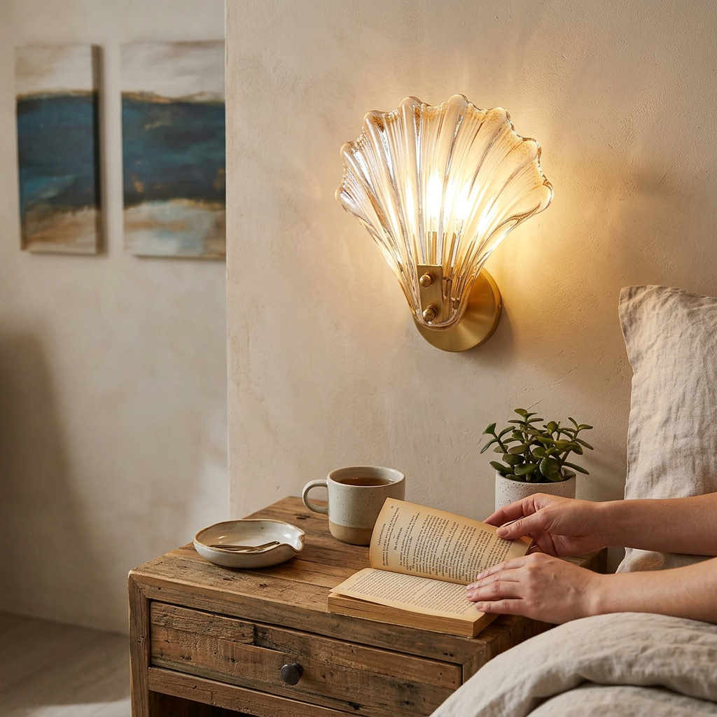 Modern Art Deco Scalloped Shell Amber Glass Shade Brass Frame 1-Light Wall Sconce Lamp For Bedroom