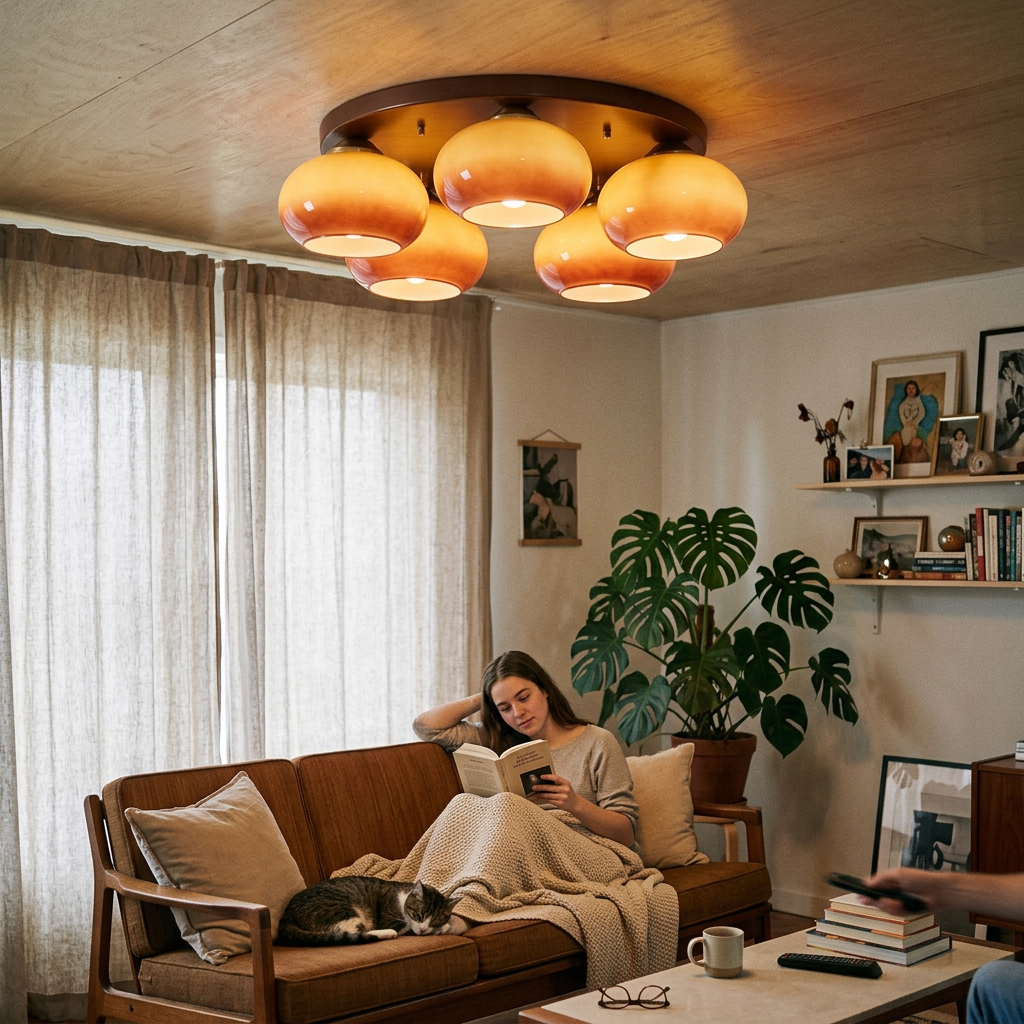 Contemporary Retro Round Oval Iron Glass 3/5 Light Semi-Flush Mount Ceiling Light For Living Room