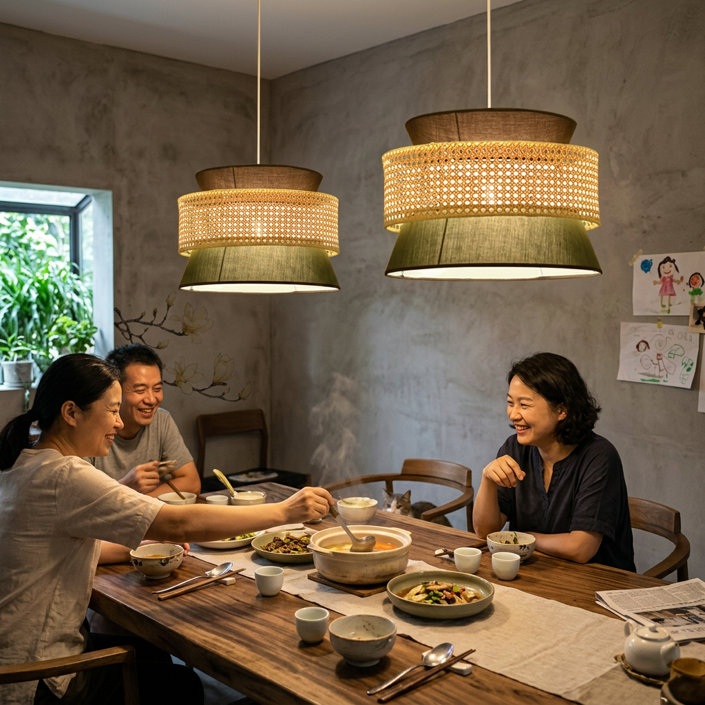 Modern Rattan Japanese Drum Shape 1-Light Pendant Light
