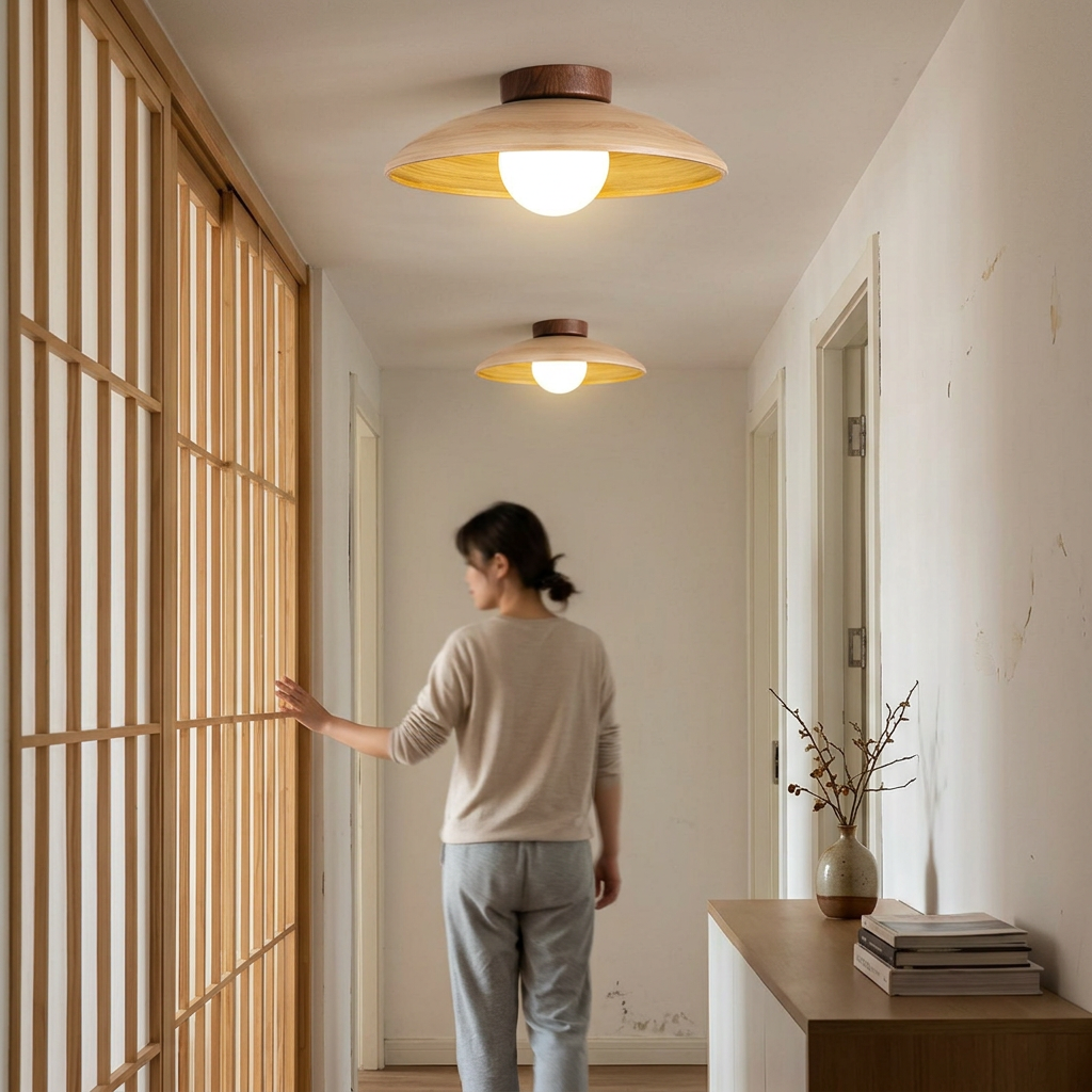 Japanese Wabi-Sabi Faux Woodgrain Flying Saucer Design 1-Light Semi-Flush Mount Ceiling Light