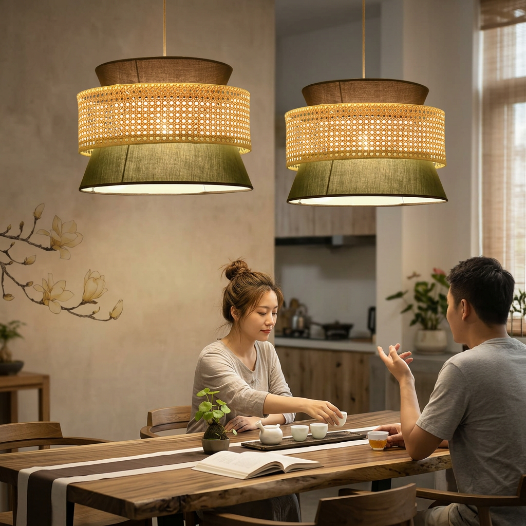 Modern Rattan Japanese Drum Shape 1-Light Pendant Light