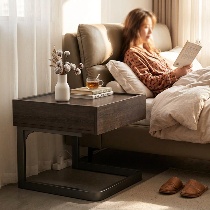 Modern Minimalist Rectangular Iron Plywood Suspended Nightstand 1-Drawer For Bedroom