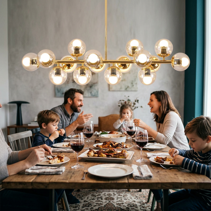 Contemporary Scandinavian Long Round Globe Iron Glass 16-Light Island Light Chandelier For Dining Room