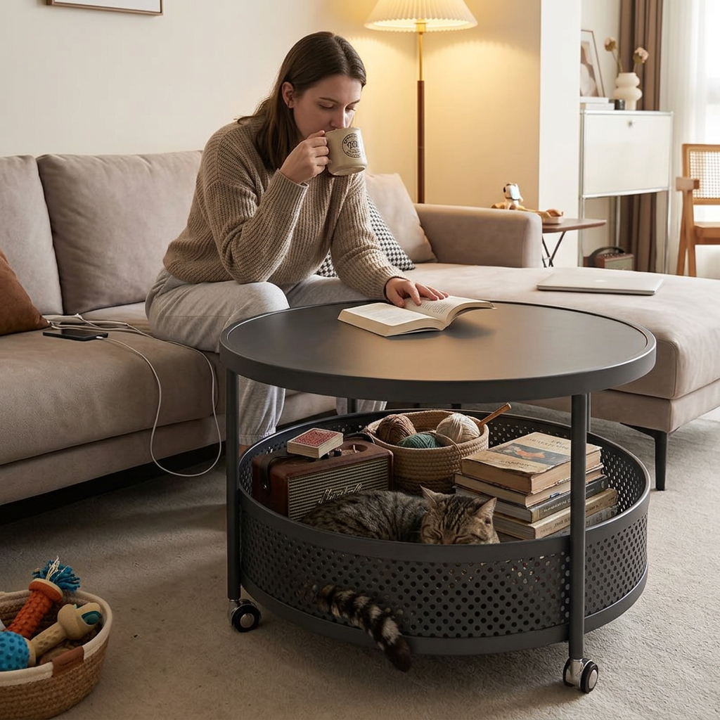 Contemporary Scandinavian Metal Slab Movable Round Side Table With 2 Tiers