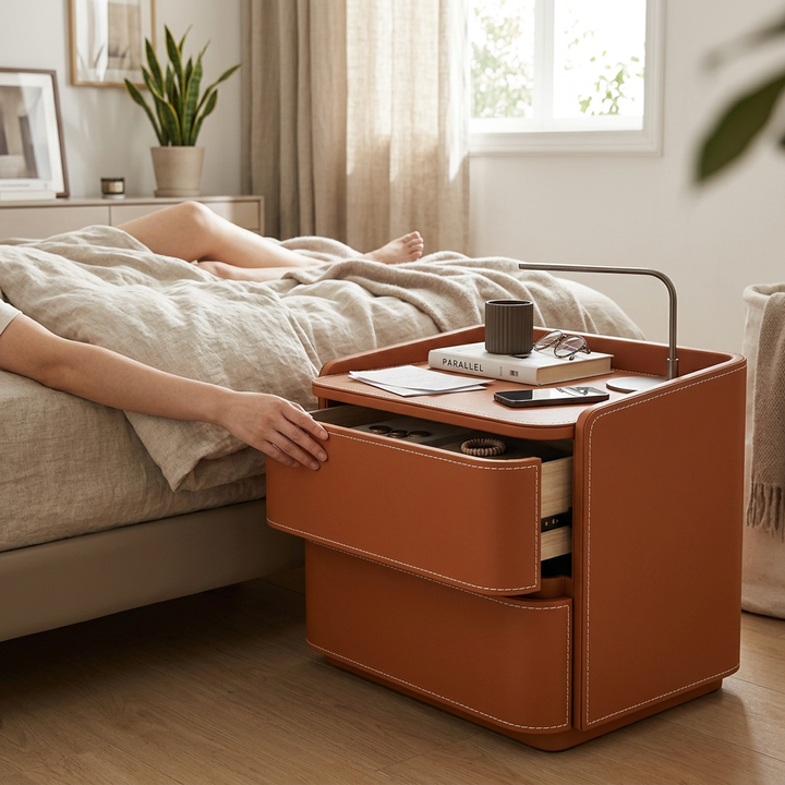 Contemporary Creative Faux Saddle Leather Pine Wood Nightstand With 2 Drawers