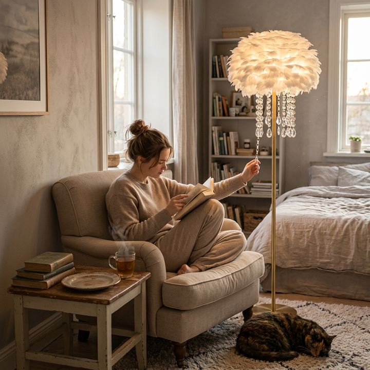 Contemporary Nordic Iron Feather Crystal Oval 1-Light Standing Floor Lamp