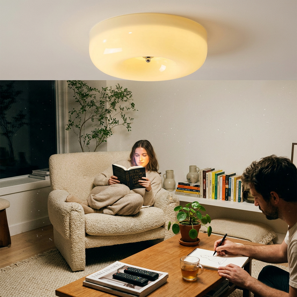Contemporary Nordic Creamy Yellow Pudding Glass Shade Iron LED Flush Mount Ceiling Light For Living Room