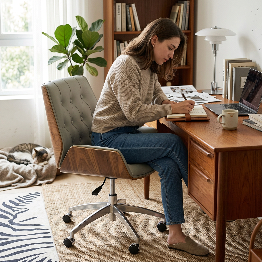 Contemporary Nordic Swivel Leather Wood Steel Desk Chair For Home Office