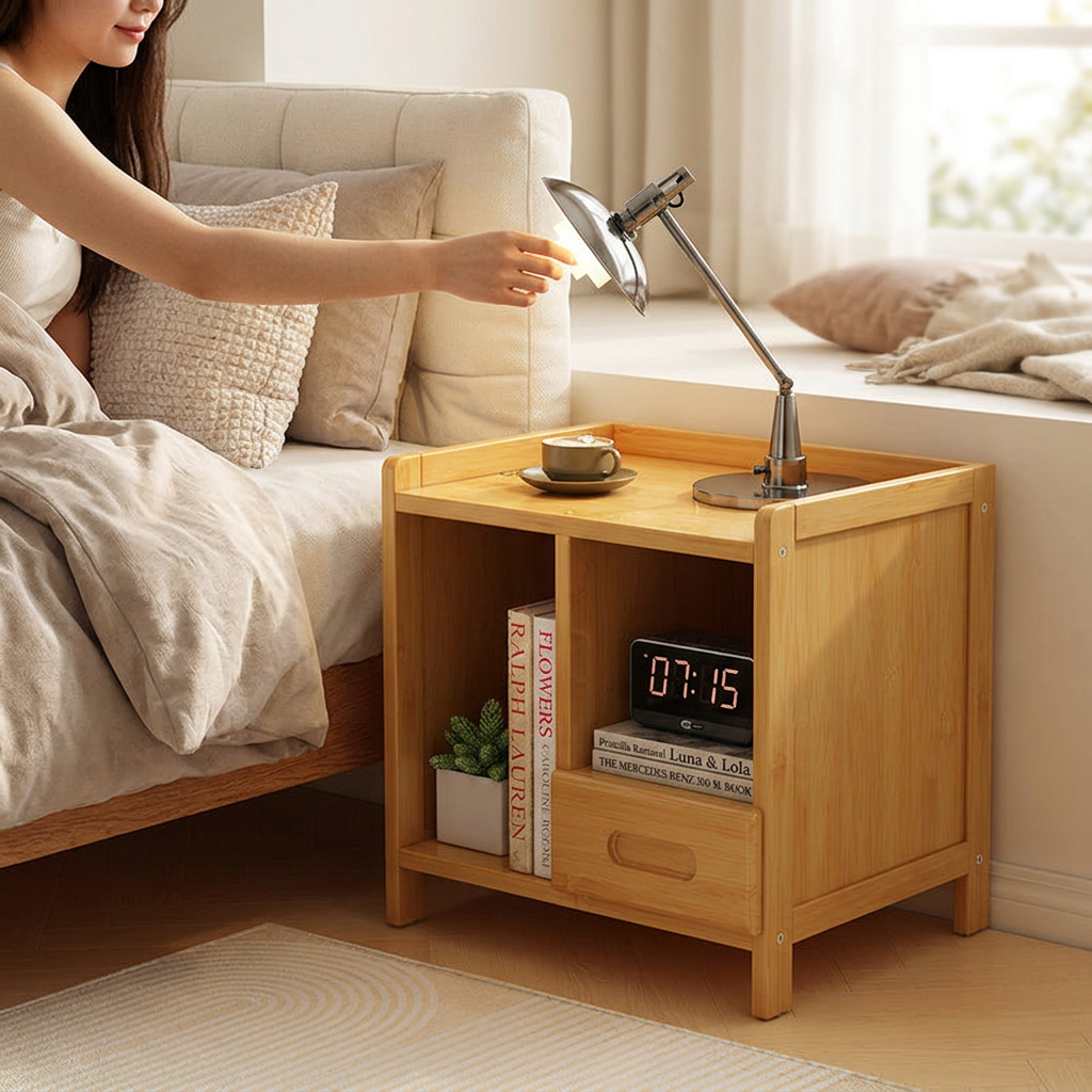 Modern Minimalist Rectangular Bamboo Density Panel Nightstand 1/3 Drawer For Bedroom