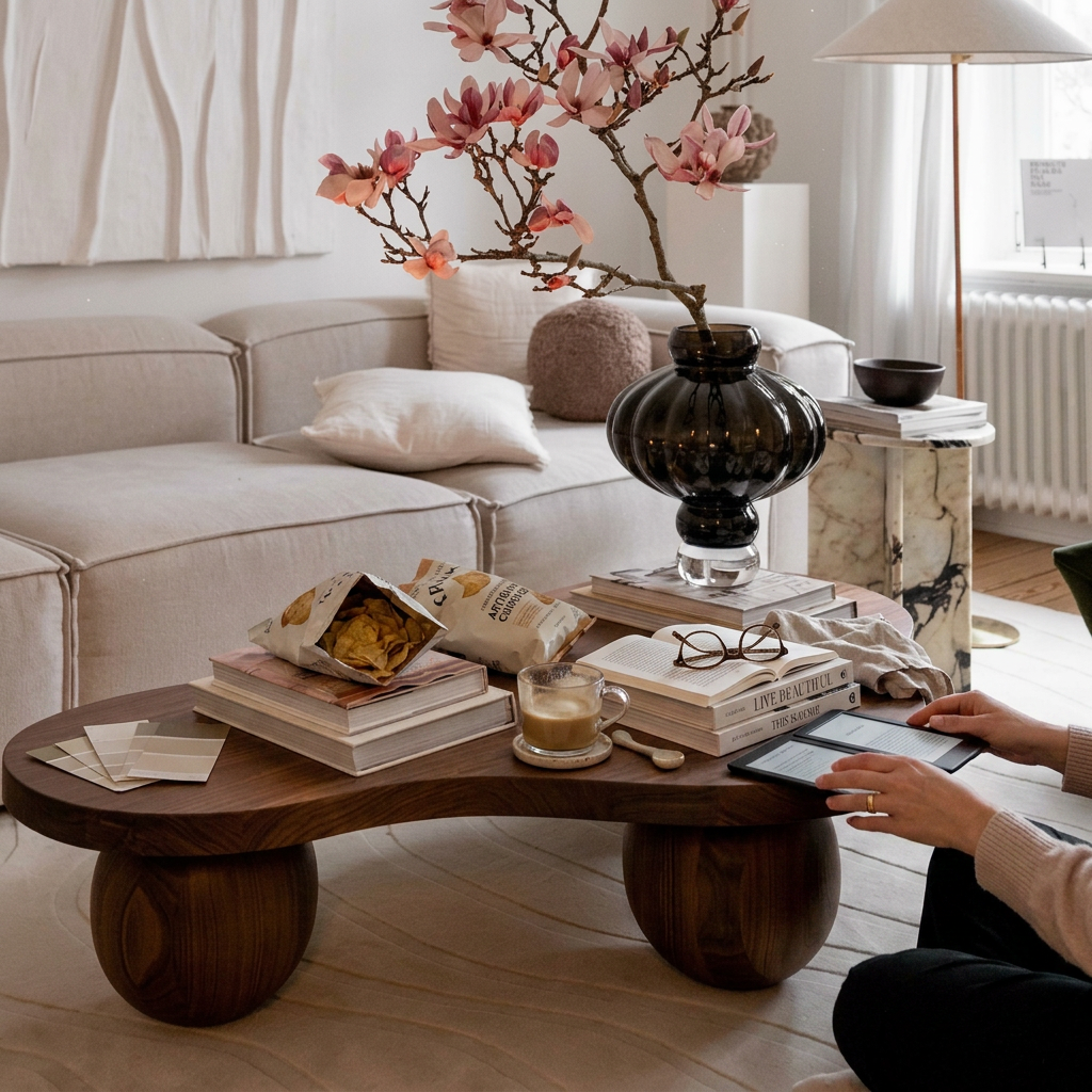 Traditional Vintage Round Cloud-Shaped Solid Pine Wood Carbon Steel Coffee Table