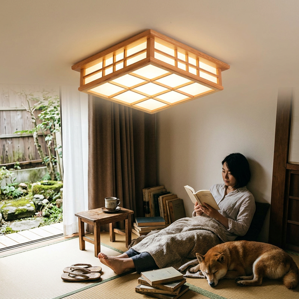 Traditional Japanese Square Lattice Acrylic Iron Wood LED Flush Mount Ceiling Light