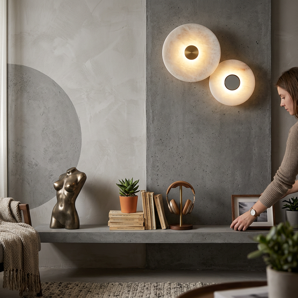 Modern Minimalist Round Iron Marble LED Wall Sconce Lamp For Bedroom