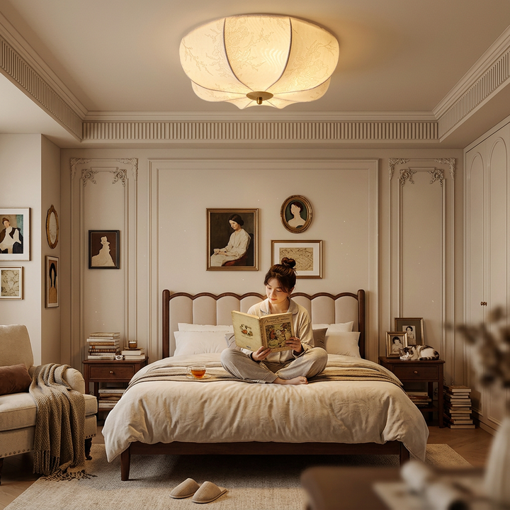 Contemporary Retro Pattern Fabric Iron 3-Light Flush Mount Ceiling Light For Bedroom